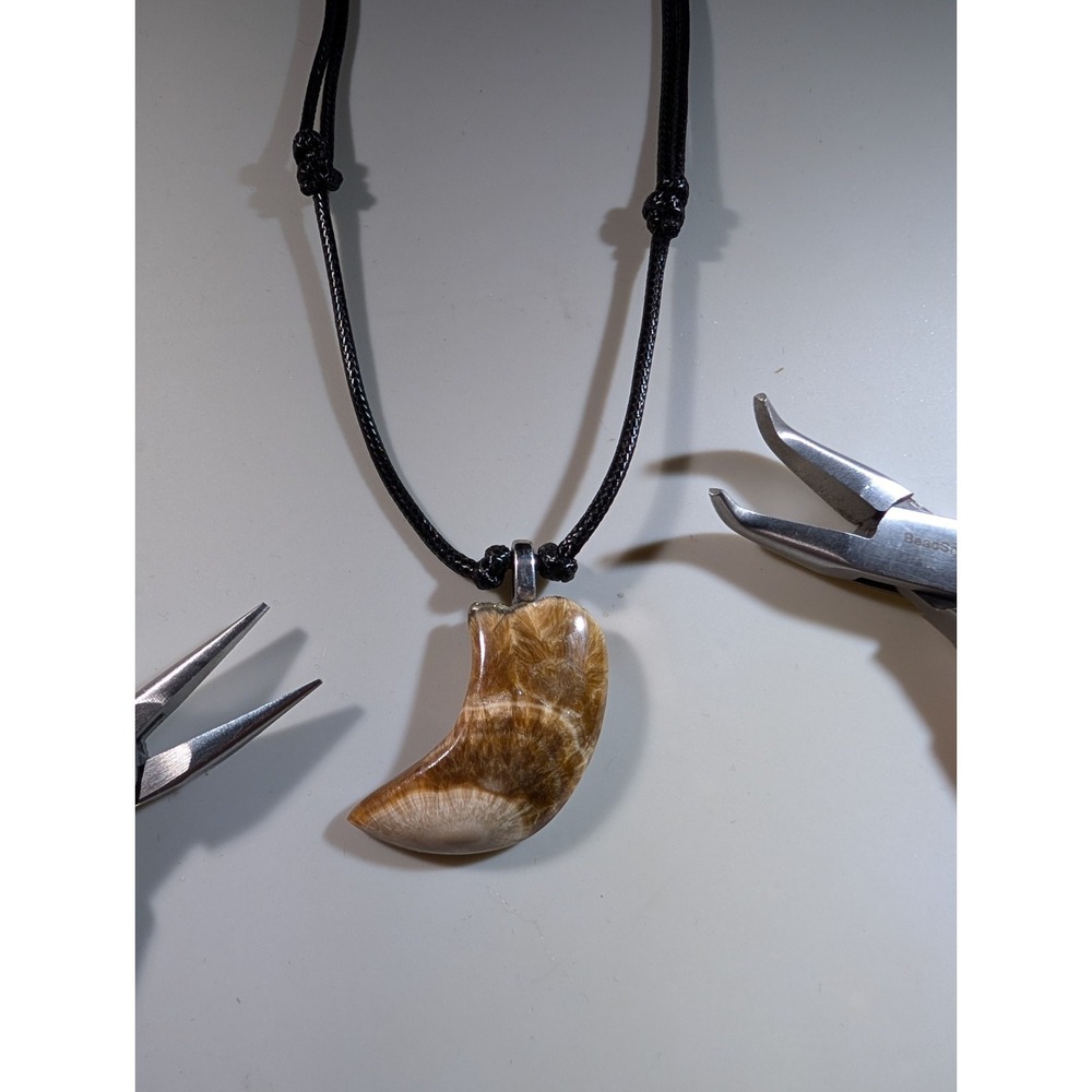 Natural Fossil Coral Pendant Necklace Adjustable Black Cord Boho Crescent Moon